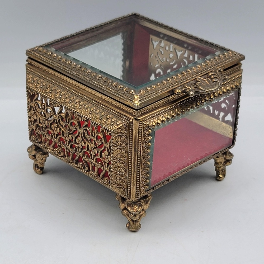 Vintage Gold Filigree Jewelry Box Glass Trinket Box Red Velvet Lined